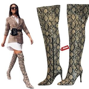 Design concept studio cream black snake print thigh high over the knee boots NWT
